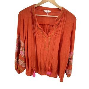 Entro Womens Pullover Blouse Top Balloon Sleeve Tassel Embroidered Orange Small